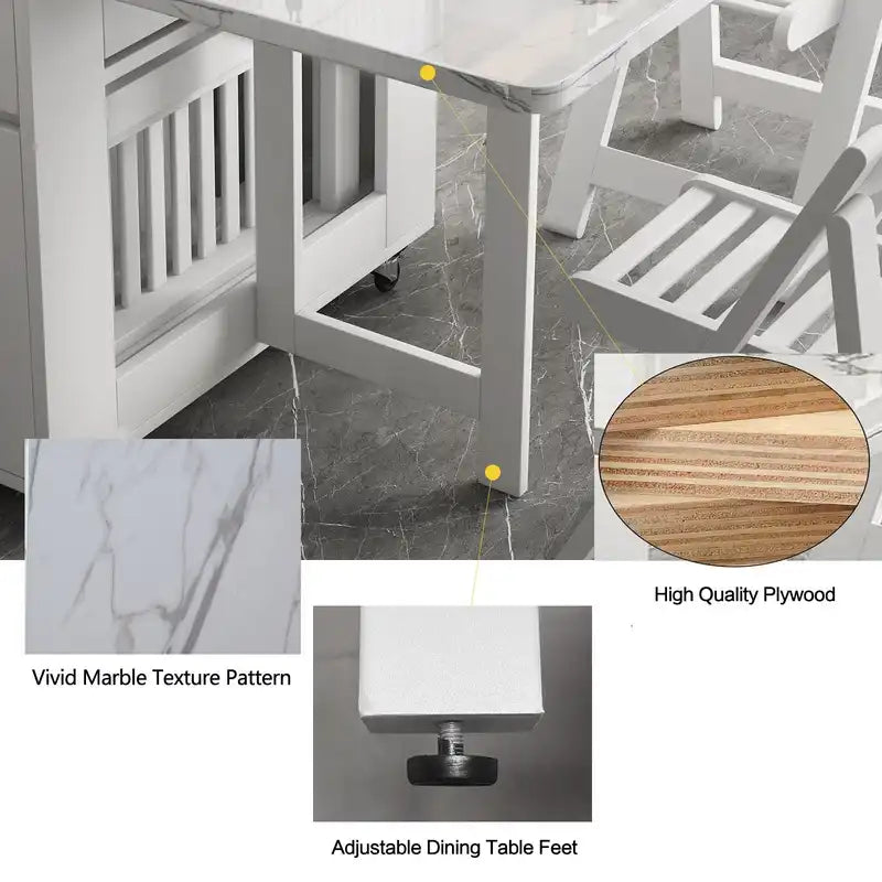 Modern Foldable Marble Dining Table with Storage & Wheels