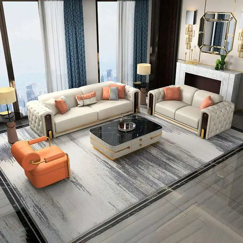 Luxury Leather Sofa with Gold Accents & Pillows