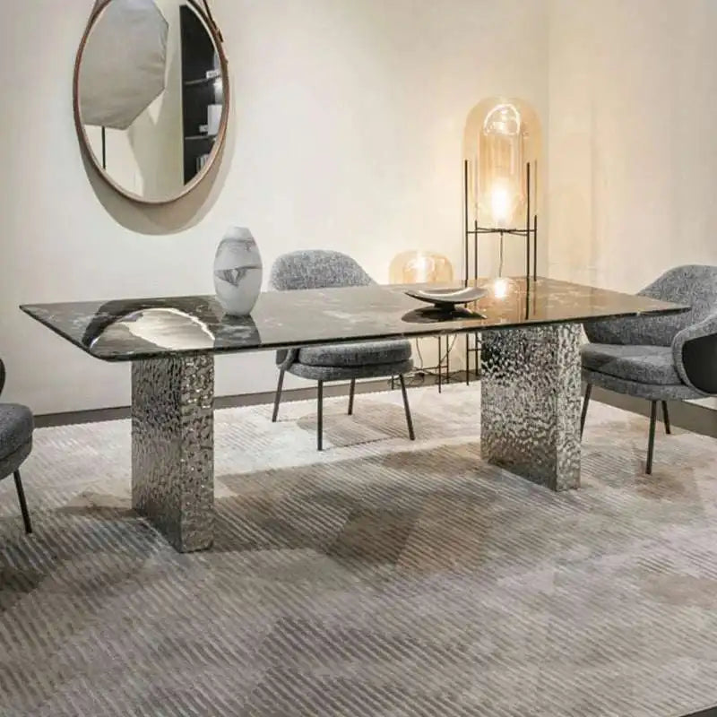 Black Marble Dining Table | Textured Metal Base