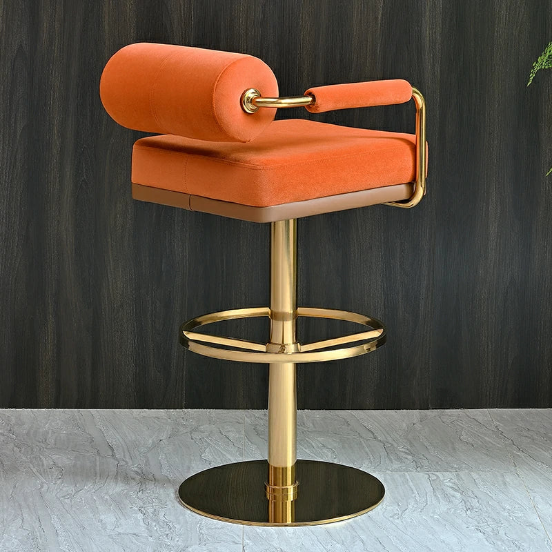 Modern Velvet Bar Stool with Gold Stainless Steel Base – Swivel Adjustable Counter Chair in Burnt Orange