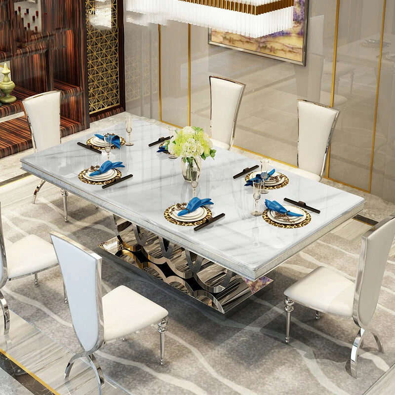 Modern Luxury Marble Top Dining Table with Textured Metal Base