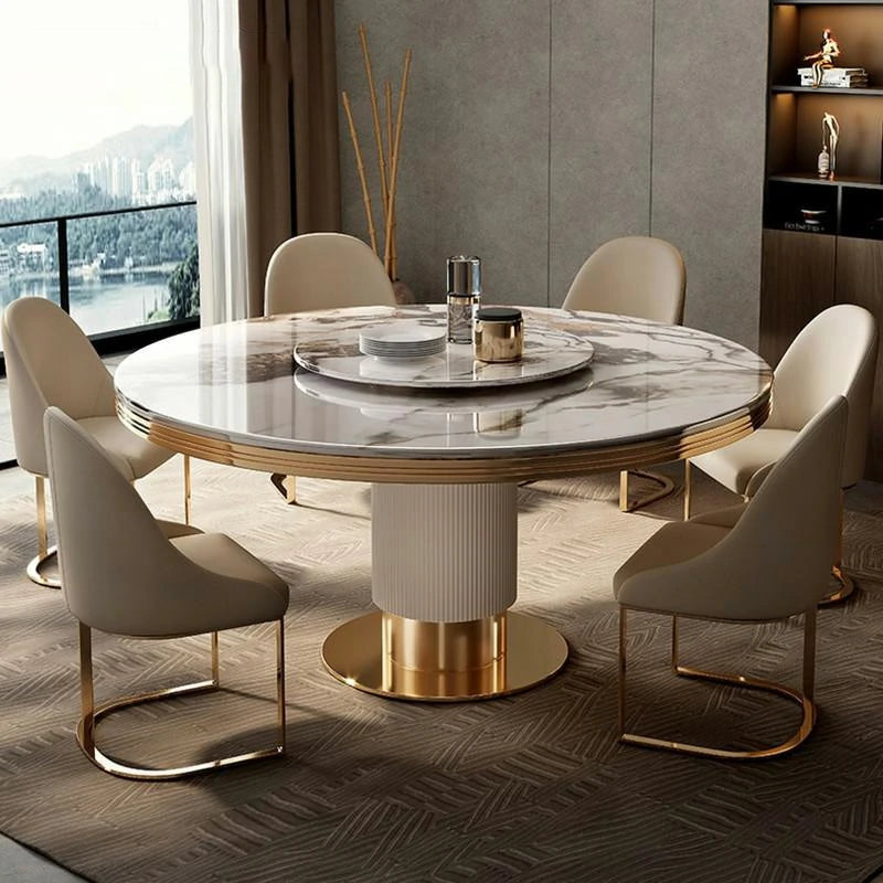 Modern Round Marble Dining Table Set with Gold Accents
