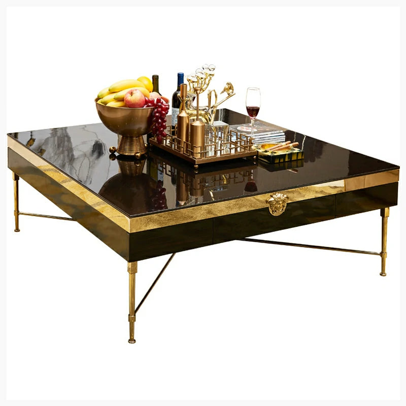 Black Glass Coffee Table with Gold Accents - Modern Style