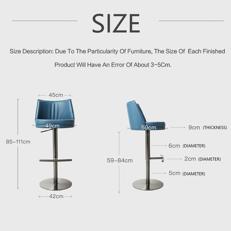 Modern Blue Leather Adjustable Bar Stool with Brushed Stainless Steel Base
