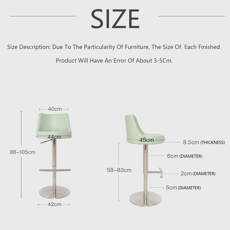 Modern Adjustable Swivel Bar Stool with Brushed Stainless Steel Base and Mint Green Leather Seat