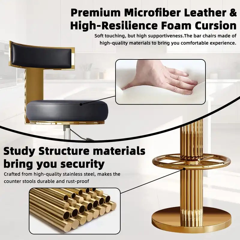 Luxury Gold & Black Adjustable Bar Stool with Swivel & Footrest