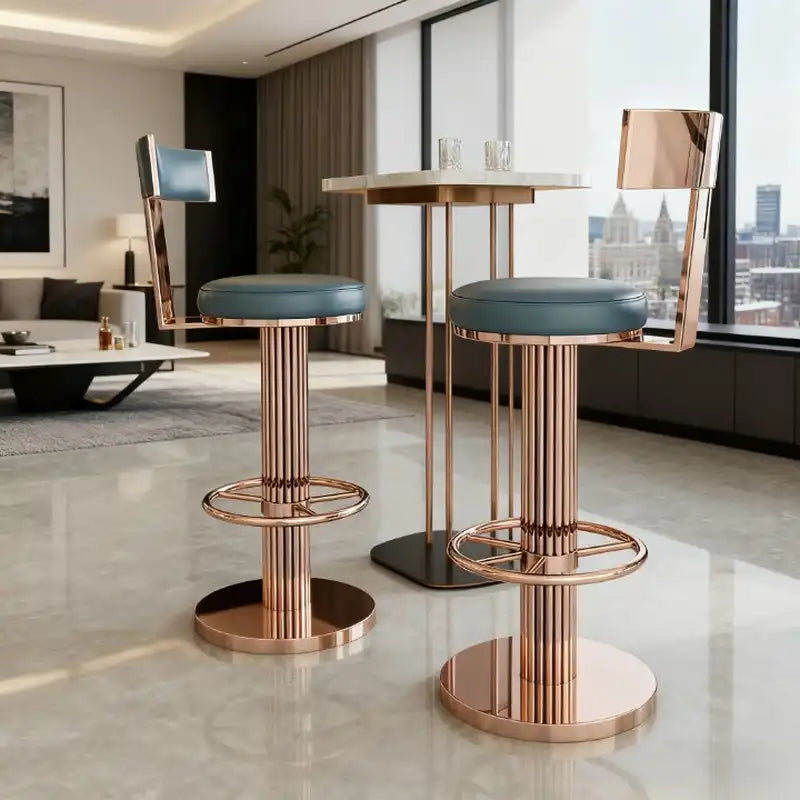 Rose Gold Bar Stool | Blue Faux Leather Seat