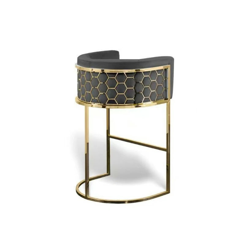 Gold Bar Stool with Honeycomb Back & Gray Velvet Seat