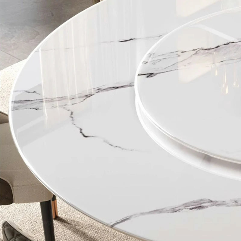 Round Extendable Marble Dining Table with Black Metal Base