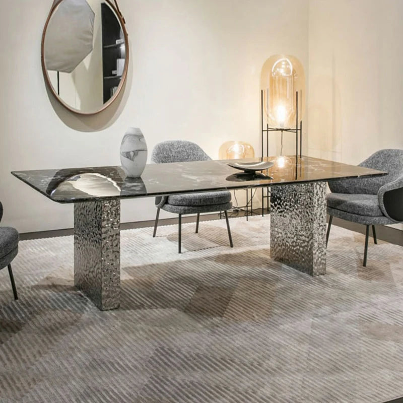 Marble Dining Table with Textured Metal Pedestal Base
