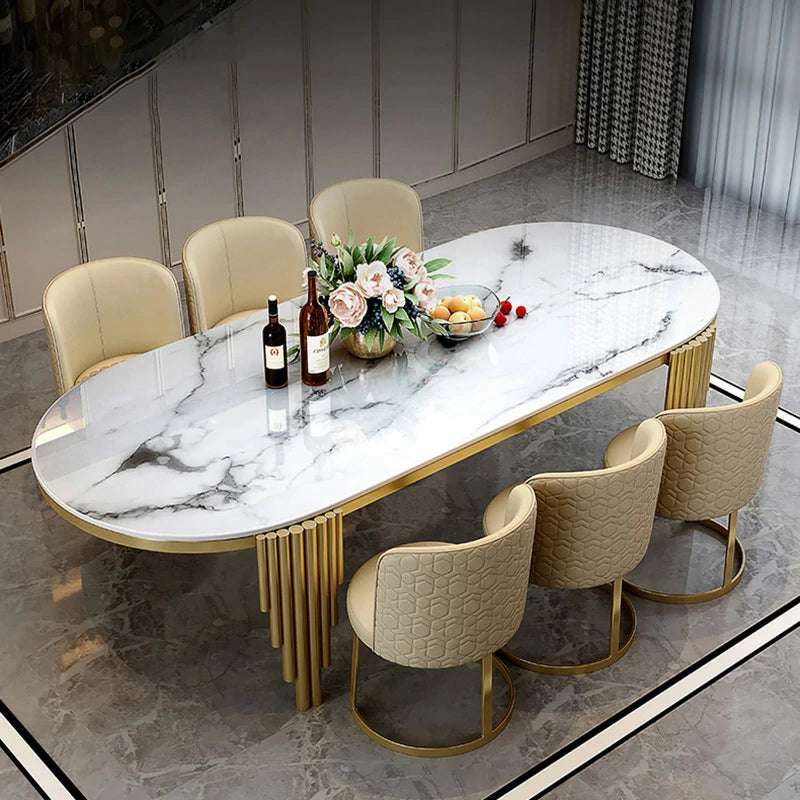 Marble - Top Oval Dining Table with Gold Stainless Steel Leg - Toned Base