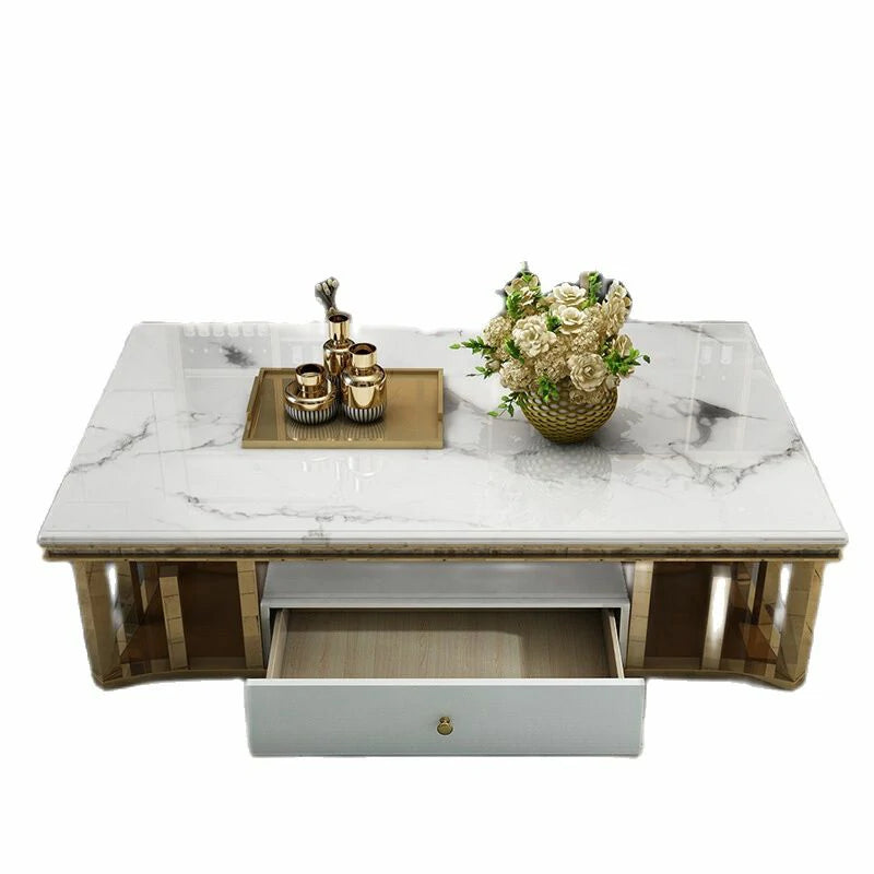 Marble Coffee Table with Gold Accents & Hidden Storage