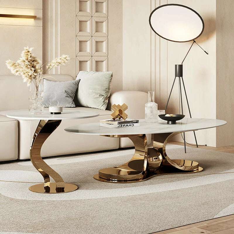 White Stone Nesting Coffee Tables | Gold Base | Modern Design