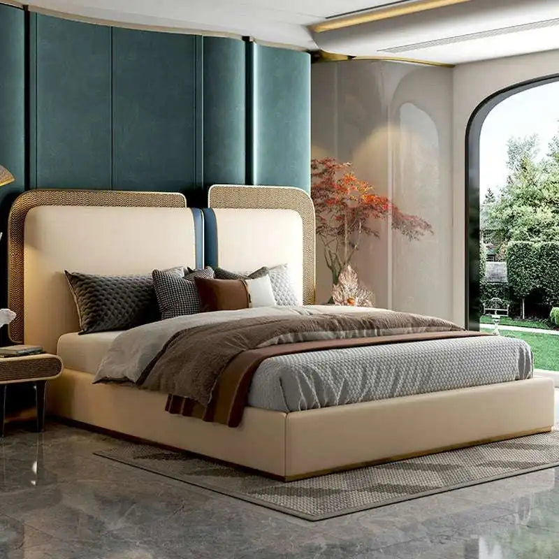 King Bed with Rattan Headboard - Chic Gold