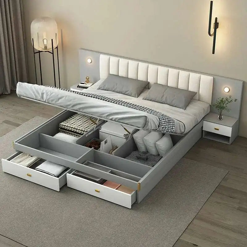 Cream Headboard Storage Bed - Platform Bed with Storage