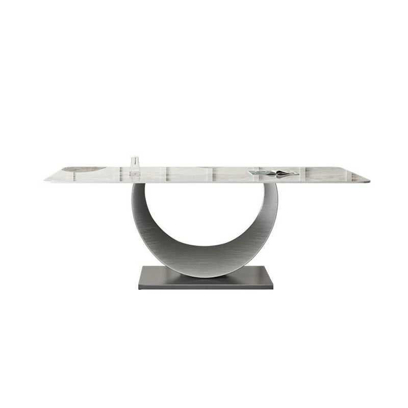 Curved Metal Dining Table with Marble-Style Top