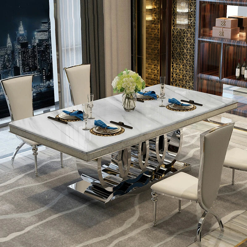 Modern Luxury Marble Top Dining Table with Textured Metal Base