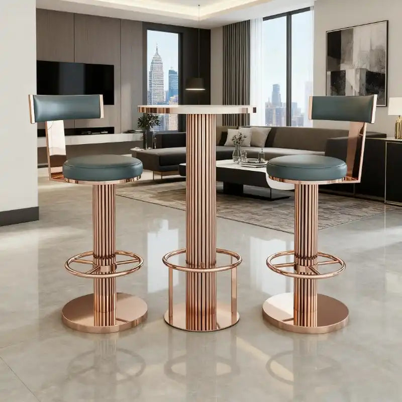 Rose Gold Bar Stool | Blue Faux Leather Seat