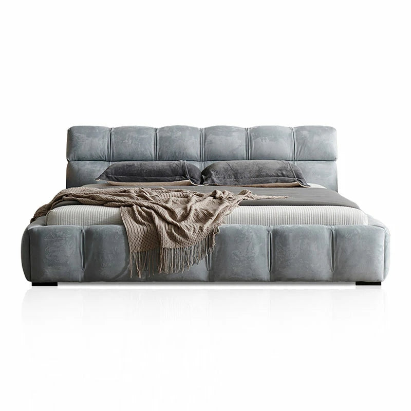 Gray Velvet Platform Bed – Tufted Headboard