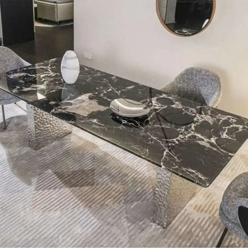 Black Marble Dining Table | Textured Metal Base