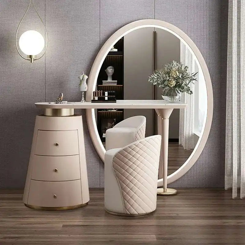 COMUHOME Elegant Vanity Dresser with Large Oval Mirror and Storage Drawers