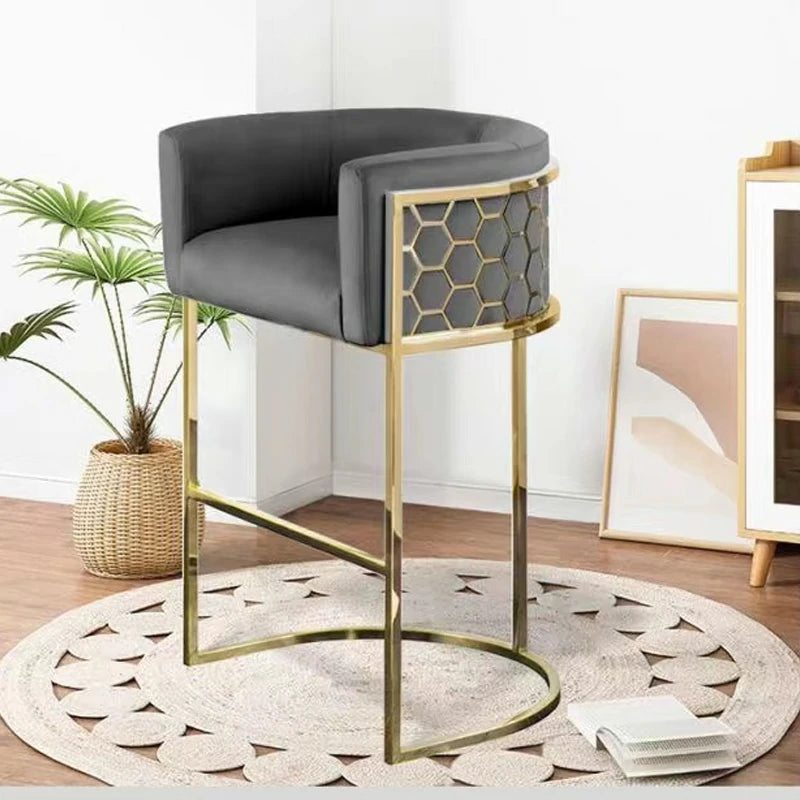 Gold Bar Stool with Honeycomb Back & Gray Velvet Seat