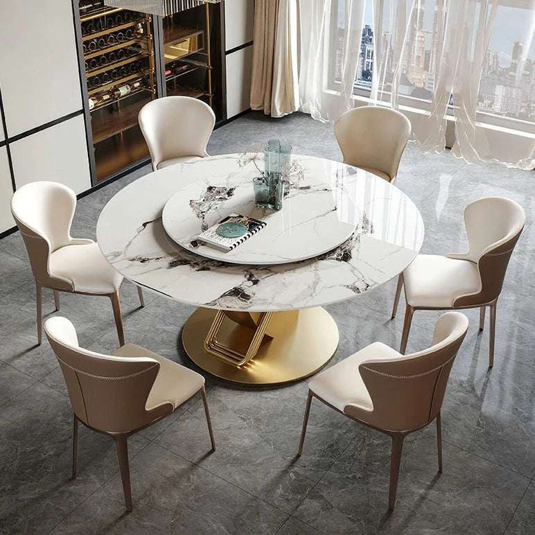 Round Marble Dining Table with Lazy Susan & Gold Base