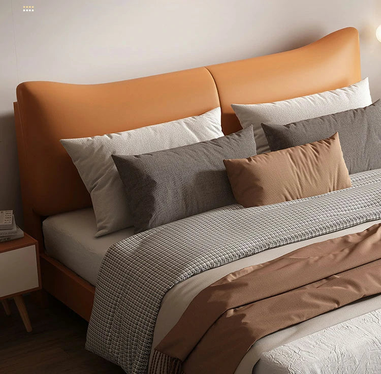 Caramel Leather Wingback Bed | Modern Platform Bed Frame