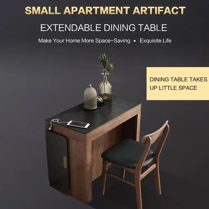 Space-Saving Extendable Stone Dining Table with Modern Wood Base