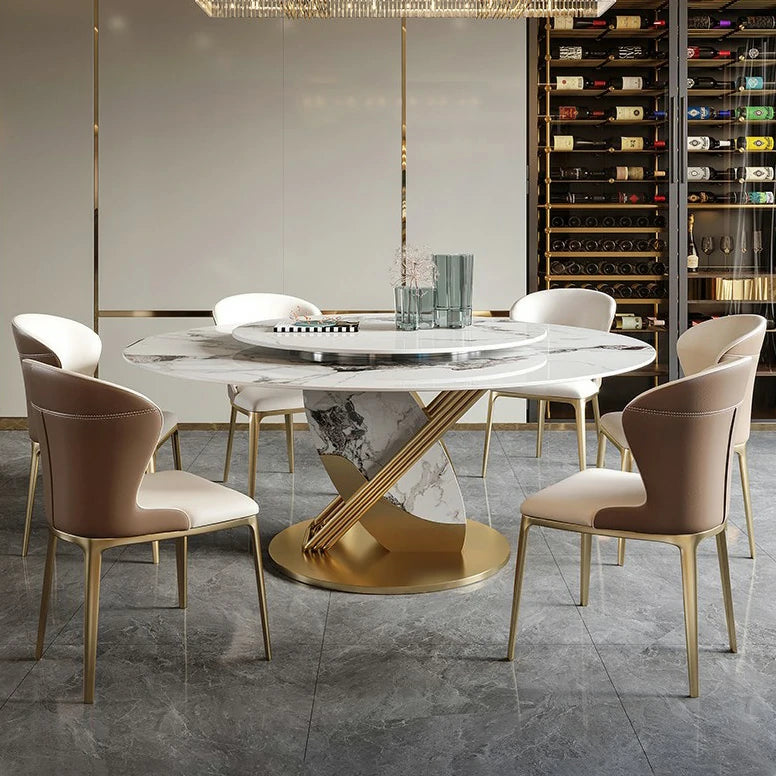 Round Marble Dining Table with Lazy Susan & Gold Base