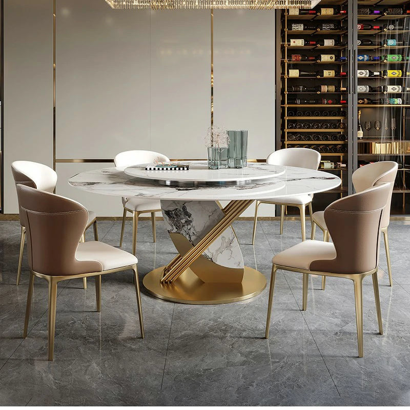 Round Marble Dining Table with Lazy Susan & Gold Base