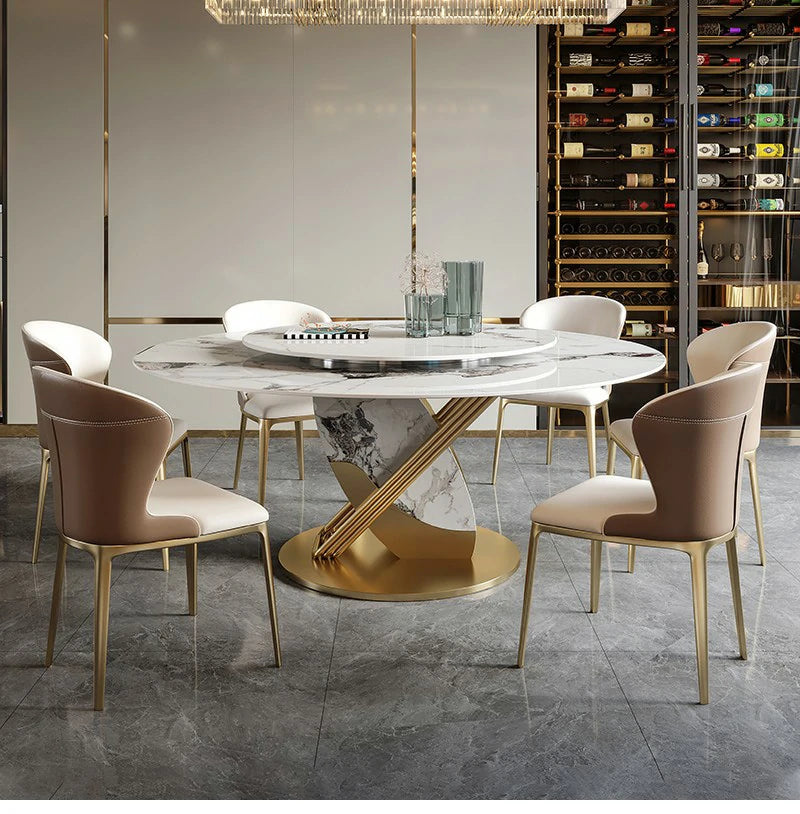 Round Marble Dining Table with Lazy Susan & Gold Base