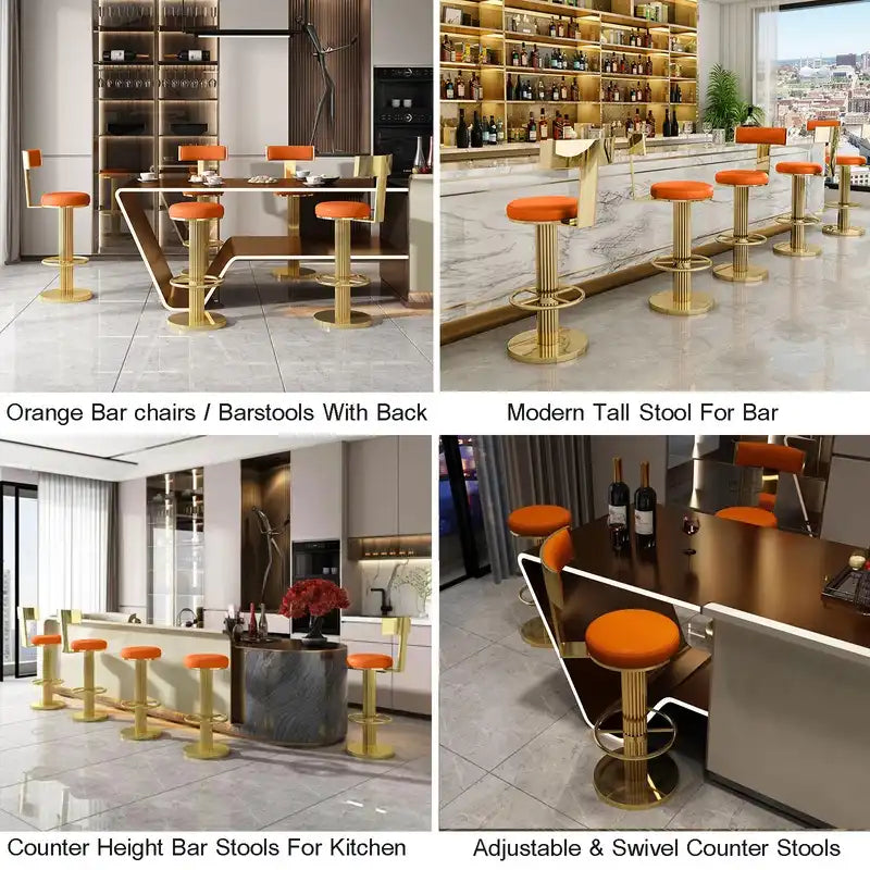 Luxury Gold & Orange Adjustable Bar Stool with Swivel & Footrest