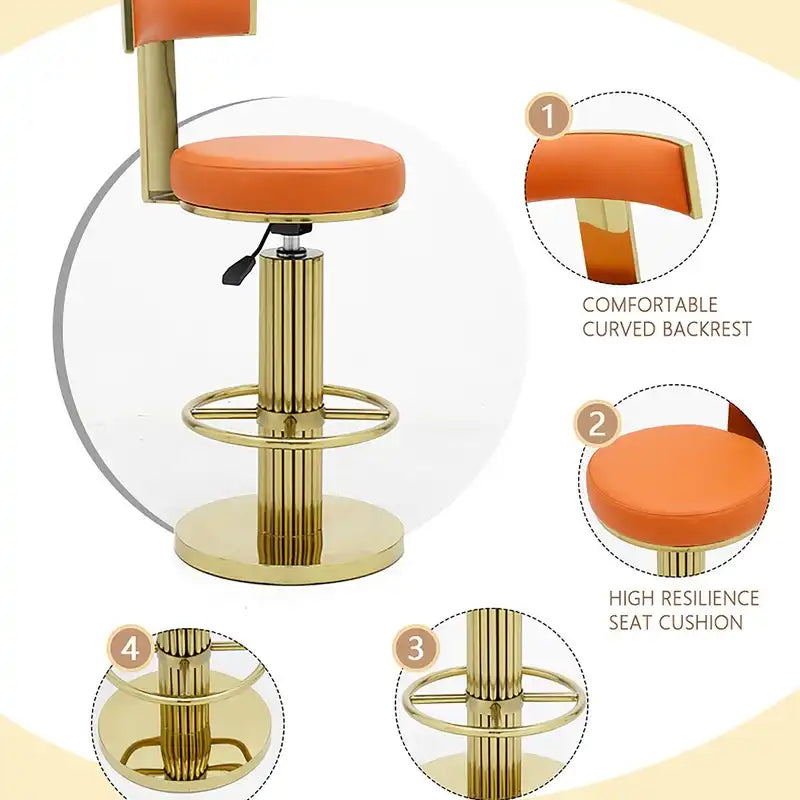 Luxury Gold & Orange Adjustable Bar Stool with Swivel & Footrest