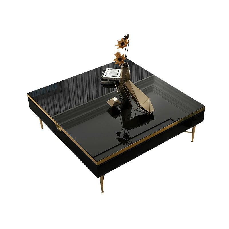 Black Glass Coffee Table with Gold Accents - Modern Style
