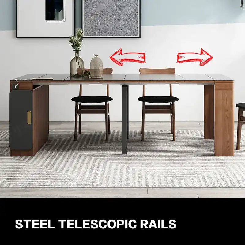 Space-Saving Extendable Stone Dining Table with Modern Wood Base