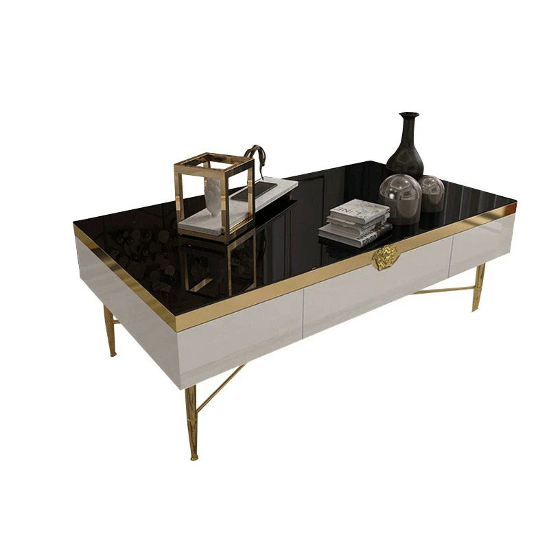 Black Glass Coffee Table with Gold Accents - Modern Style