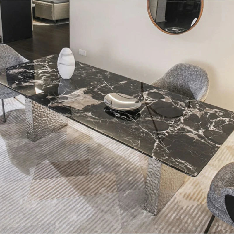 Marble Dining Table with Textured Metal Pedestal Base