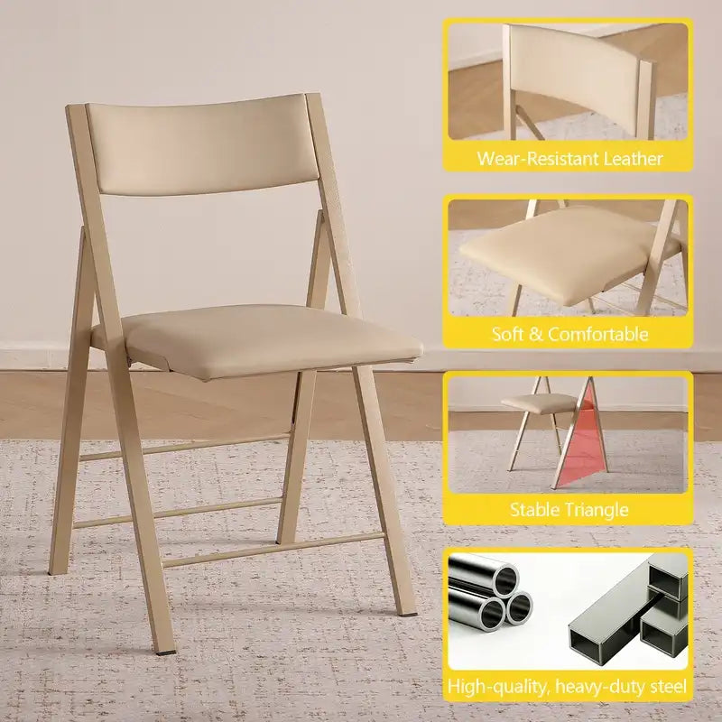 Folding Chairs with Cushion 2 Pack - Heavy Duty Steel Frame Foldable Dining Chairs, Waterproof Leather Indoor Outdoor Padded Chairs for Home, Conference Rooms,Weddings, Events (Wood)