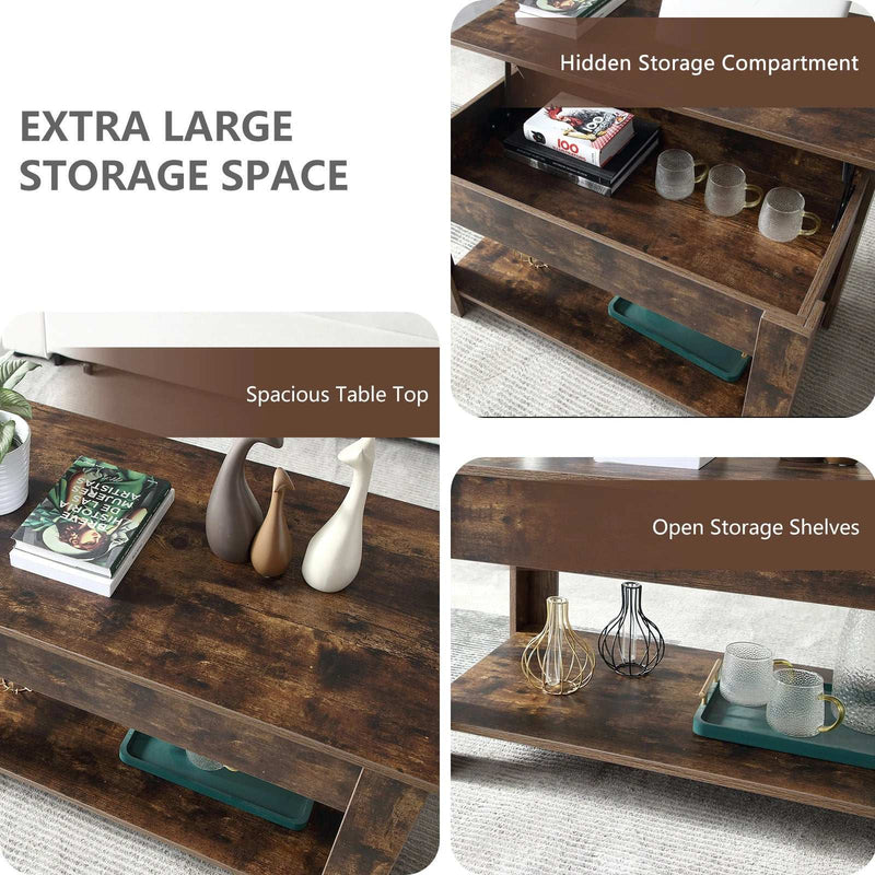 Lift Top Coffee Table with Hidden Compartments and Storage Shelves, Adjustable Wood Lift Tabletop Center Table Coffee Tables for Living Room Reception Room Office (Brown)