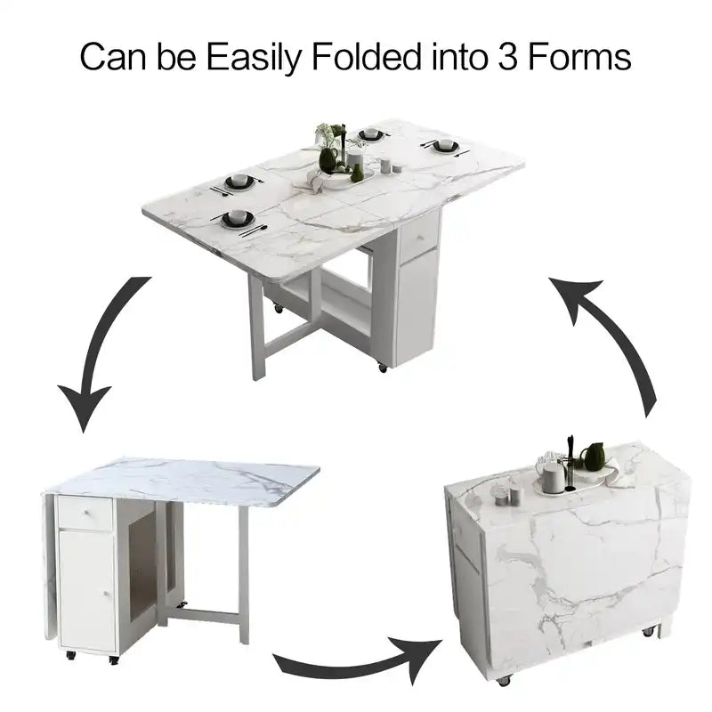 Modern Foldable Marble Dining Table with Storage & Wheels