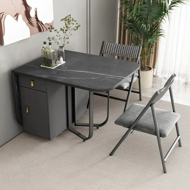 Modern Folding Marble Dining Table with Storage & Gold Accents
