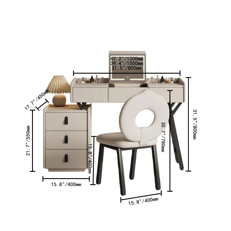 Modern Vanity Desk with Foldable LED Mirror, Upholstered Chair & Extendable Storage Design