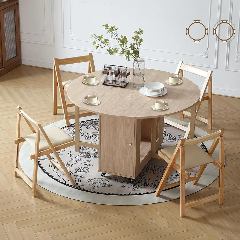 Space-Saving Cream Folding Dining Table with Storage & Wheels