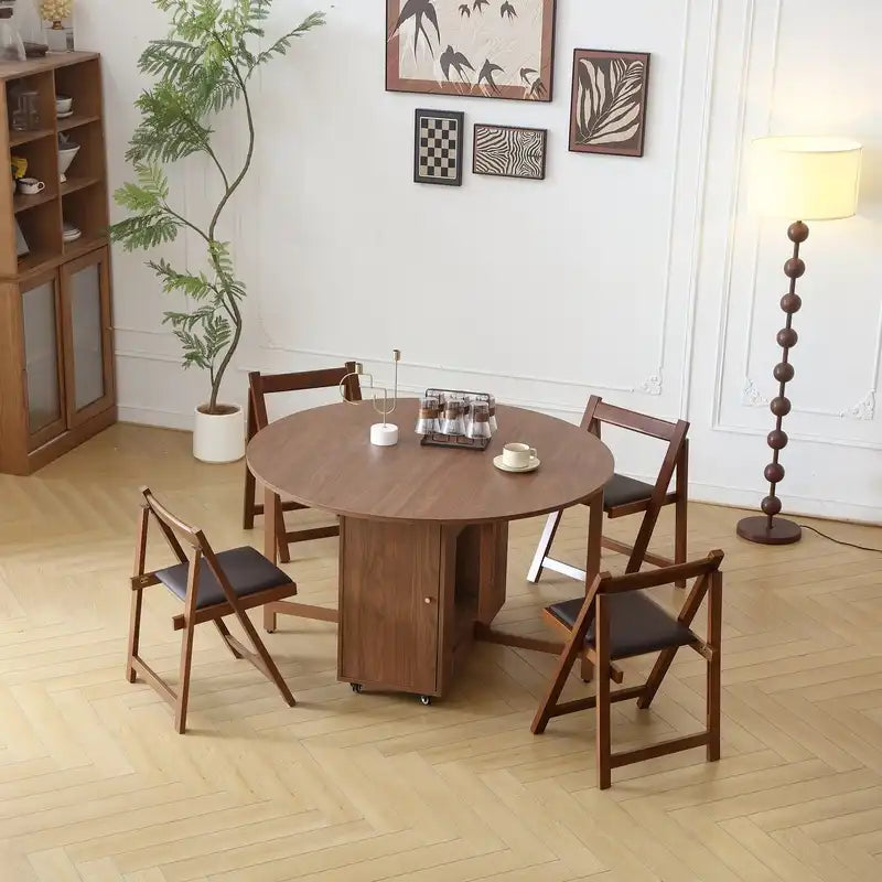 Walnut Round Folding Dining Table with Storage & Wheels