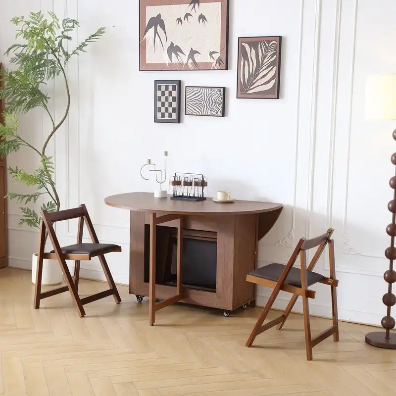 Walnut Round Folding Dining Table with Storage & Wheels