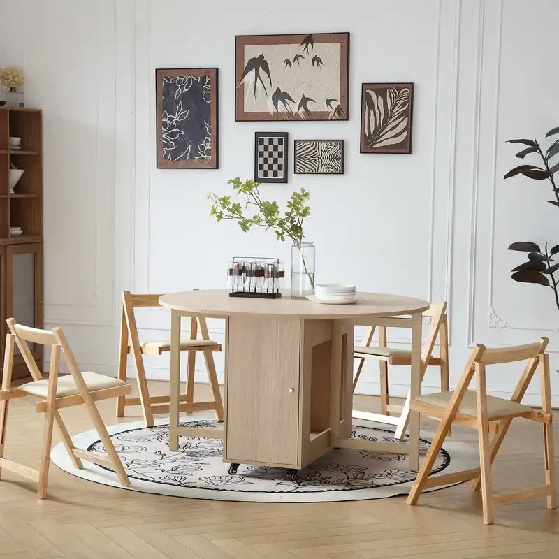 Space-Saving Cream Folding Dining Table with Storage & Wheels