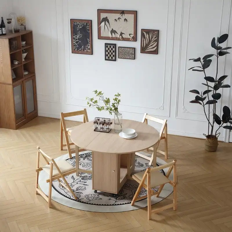 Space-Saving Cream Folding Dining Table with Storage & Wheels