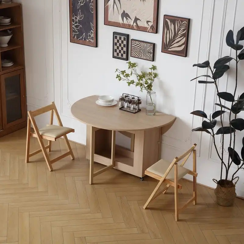 Space-Saving Cream Folding Dining Table with Storage & Wheels