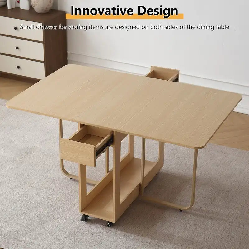 Multi-Functional Foldable Dining Table with Storage & Wheels Unfolded:54.9''L*35.4W*29.9''H #E8DDCB
